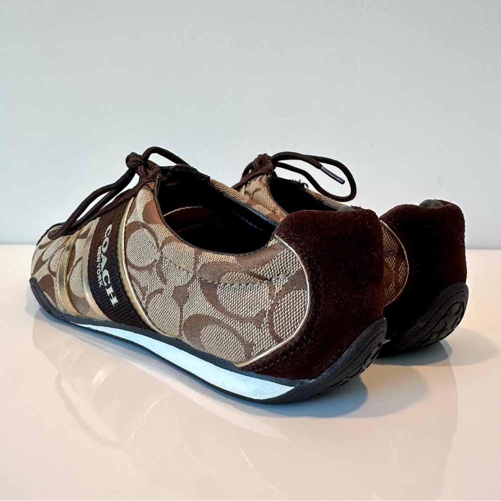LIKE NEW Coach Women's Brown and Gold suede signature logo sneakers, Size 8 - Picture 3 of 12